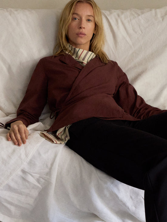 Lenie wine-red seersucker wrap blouse
