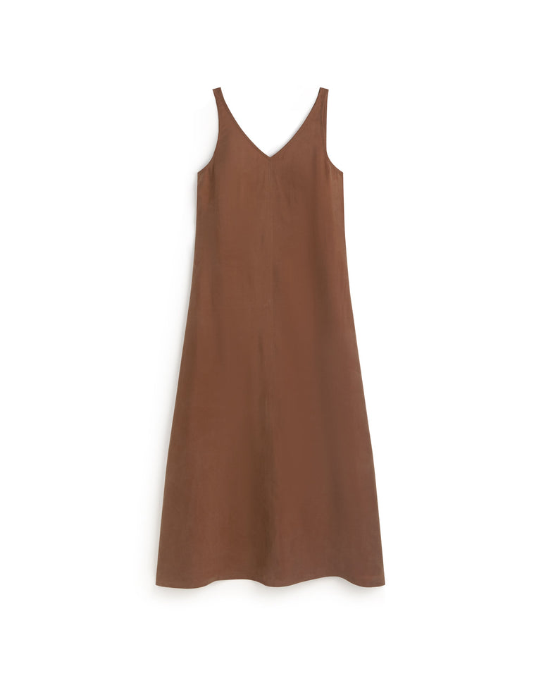 Vestido largo marrón cupro Sade sostenible silueta - 1