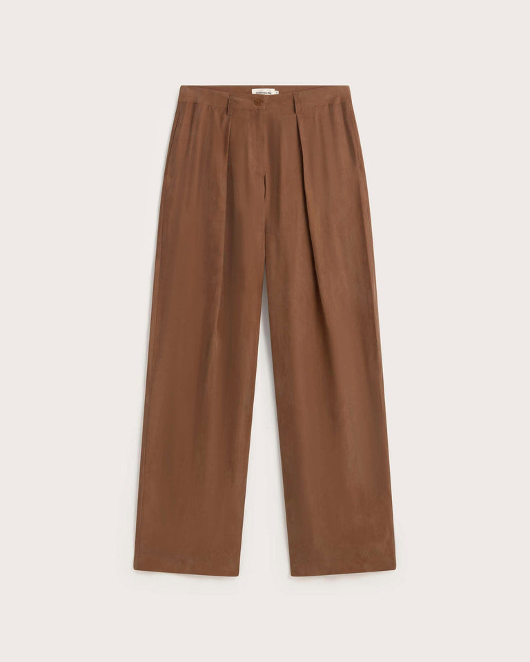 Pantalón relaxed pinza marrón cupro Cirila sostenible silueta - 1